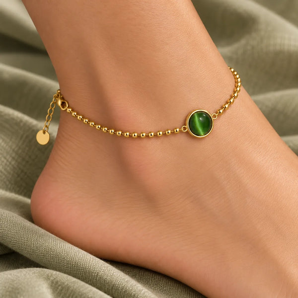 Emerald Glow Gold Beaded Anklet