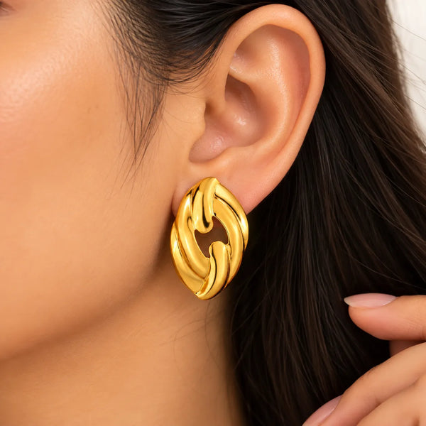 Golden Sculptural Wave Stud Earrings