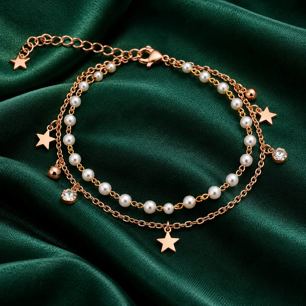 Golden Star Pearl Layered Anklet