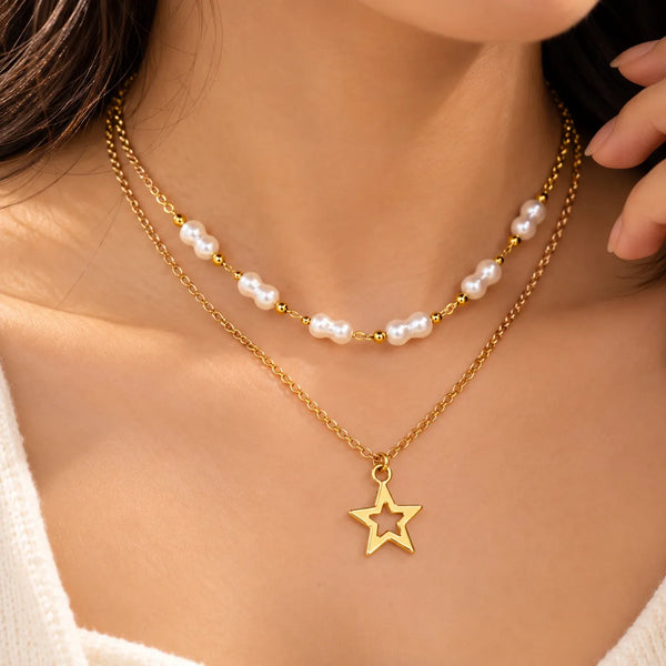 Golden Star Pearl Layered Necklace