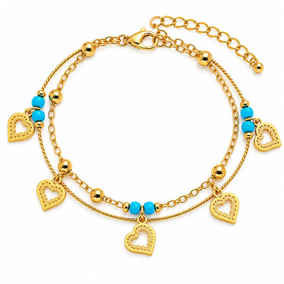 Golden Turquoise Heart Charm Layered Anklet