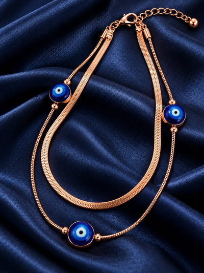 Rose Gold Blue Evil Eye Layered Anklet