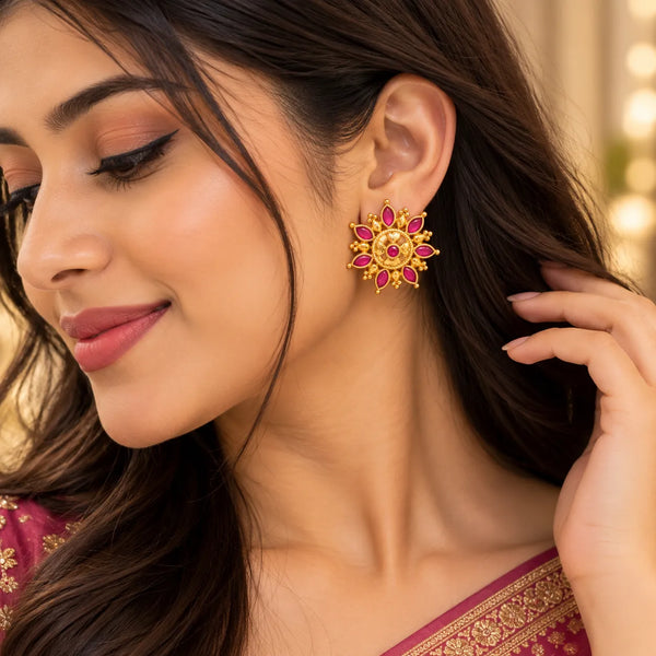Ruvika Ruby Floral Stud Earrings