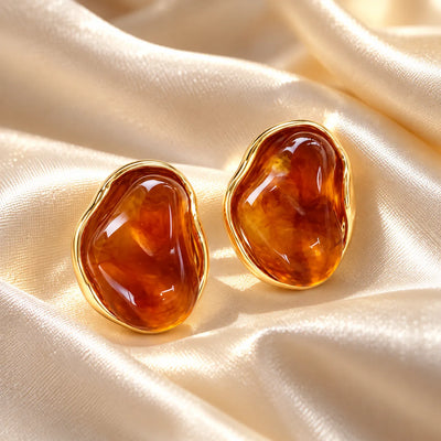 Amber Stone Gold Stud Earrings