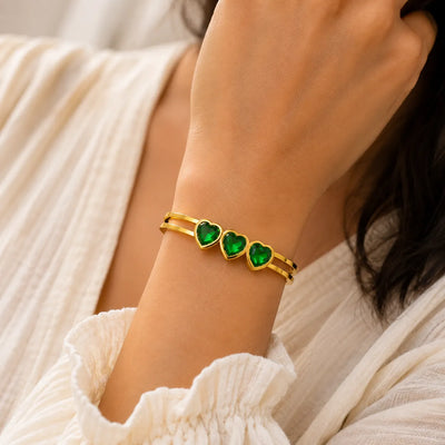 Emerald Trio Heart Crystal Bangle