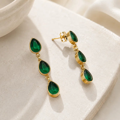 Emerald Trio Teardrop Drop Earrings