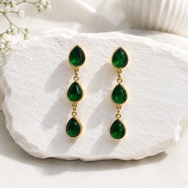 Emerald Trio Teardrop Drop Earrings