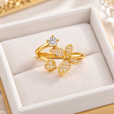 Crystal Butterfly & Heart Gold Ring