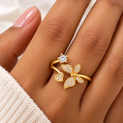 Crystal Butterfly & Heart Gold Ring
