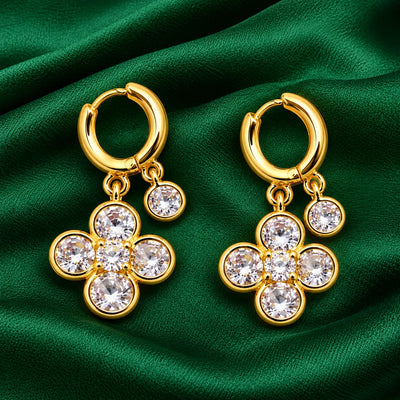 Golden Crystal Clover Charm Hoop Earrings