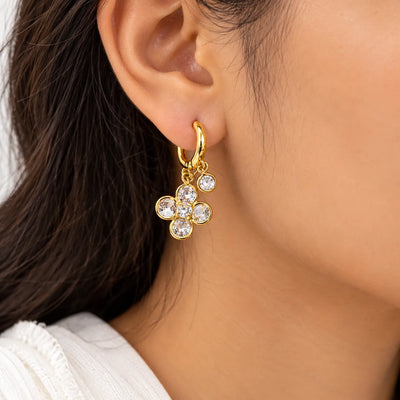 Golden Crystal Clover Charm Hoop Earrings