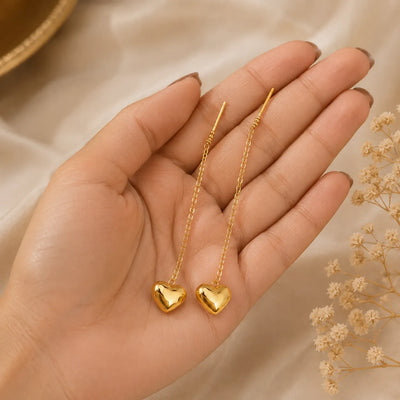 Golden Heart Drop Threader Earrings