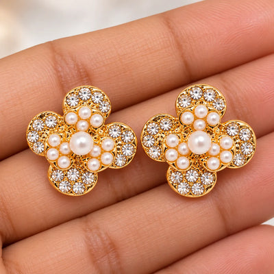 Golden Pearl Blossom Crystal Stud Earrings