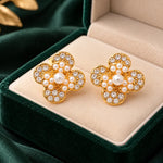 Golden Pearl Blossom Crystal Stud Earrings 3