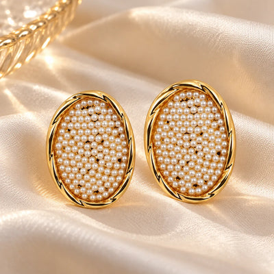 Golden Pearl Oval Statement Stud Earrings