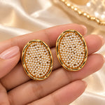 Golden Pearl Oval Statement Stud Earrings 3
