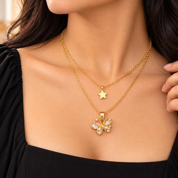 Golden Starlight Butterfly Layered Necklace