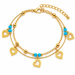 Golden Turquoise Heart Charm Layered Anklet 2
