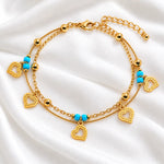 Golden Turquoise Heart Charm Layered Anklet 3