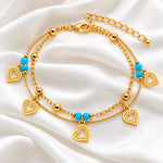 Golden Turquoise Heart Charm Layered Anklet 4