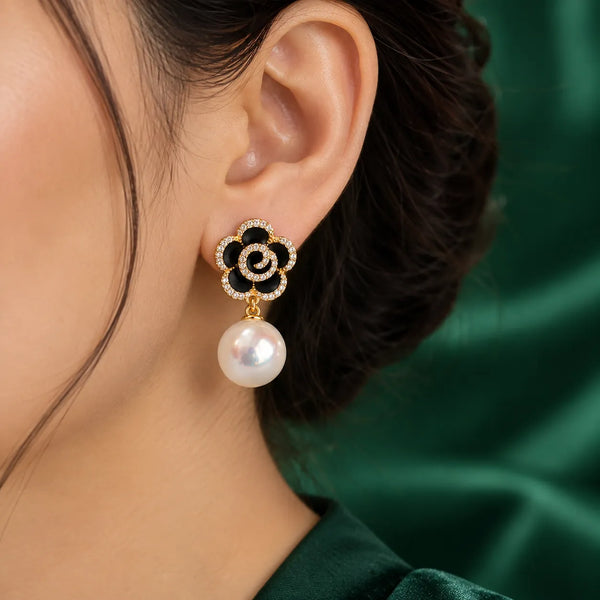Noir Rosette Pearl Drop Earrings