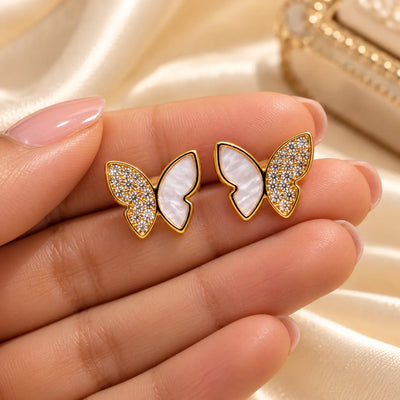 Pearl Glow Crystal Butterfly Stud Earrings