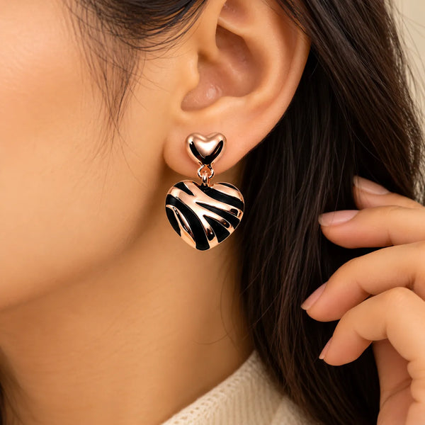 Rose Gold Black Heart Drop Earrings