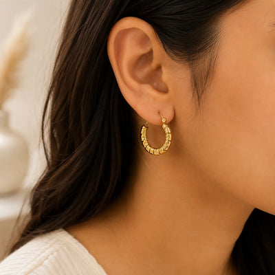 Sculpted Ribbed Gold Hoop Earrings