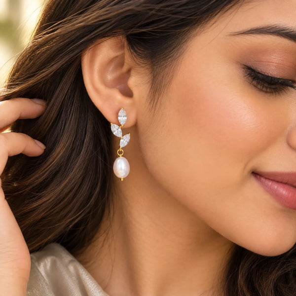 Seraphina Crystal Leaf Pearl Drop Earrings